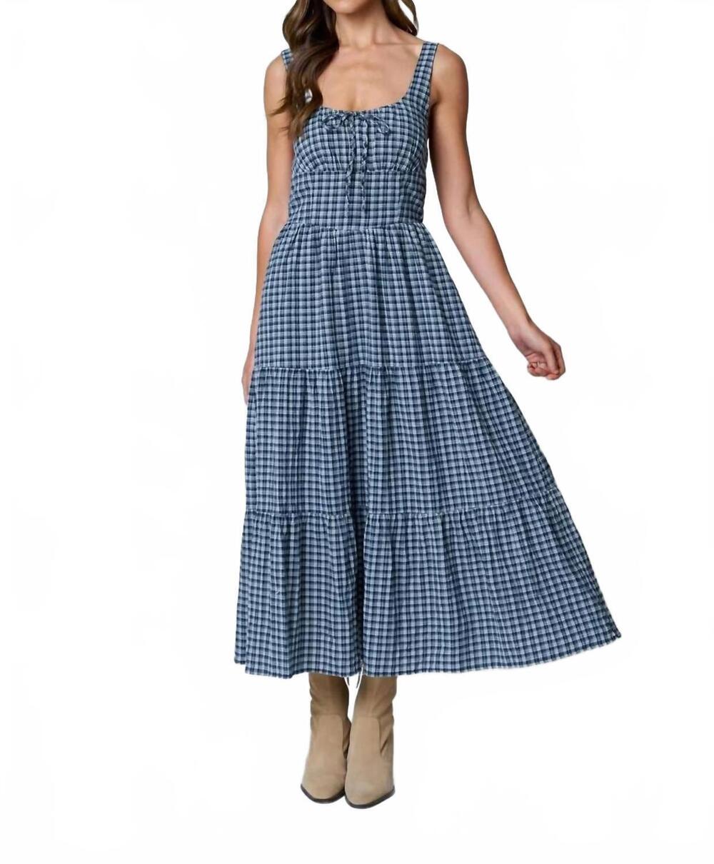 NEW BLU PEPPER plaid front tie corset detail midi dress in navy